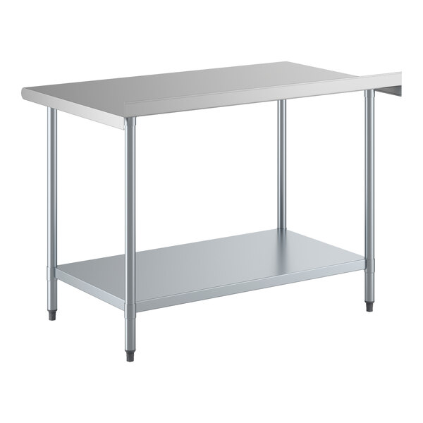 A stainless steel work table with an undershelf and a 2-inch backsplash.