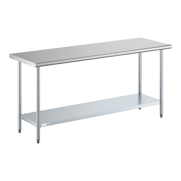 A stainless steel work table with an undershelf and four legs.
