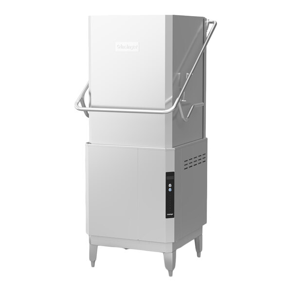 A commercial high-temperature door-type dishwasher with a high hood and built-in booster heater.