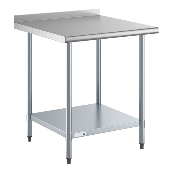 A stainless steel work table with an undershelf and a 2-inch backsplash.