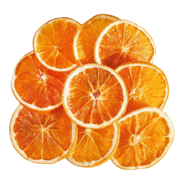 A pile of dried orange slices arranged in a circular pattern.