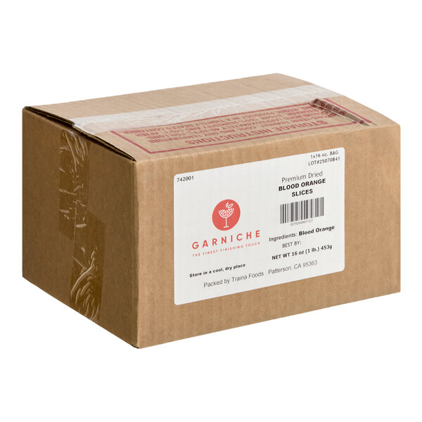 A cardboard box labeled Garniche Premium Dried Blood Orange Slices.