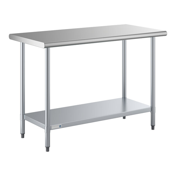 A stainless steel work table with an undershelf and four legs.