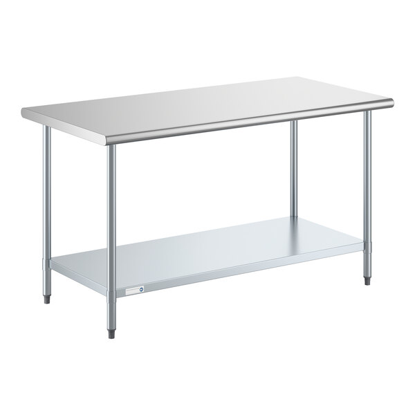 A stainless steel work table with an undershelf.