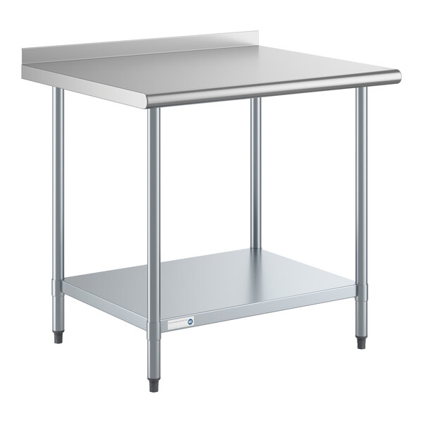 A stainless steel work table with an undershelf and a 2-inch backsplash.
