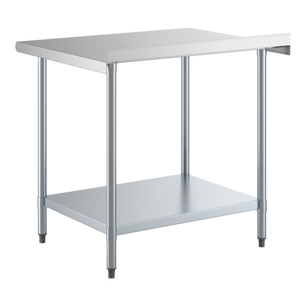 A stainless steel work table with an undershelf and a 2-inch backsplash.
