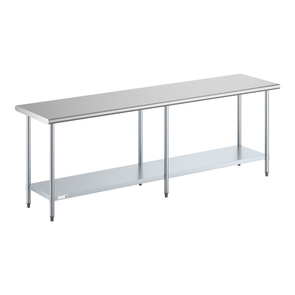 A long stainless steel work table with an undershelf and four legs.