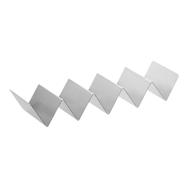 A stainless steel taco holder with four or five compartments for holding tacos upright.