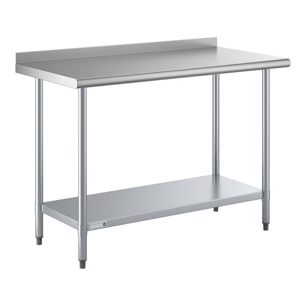 A stainless steel work table with an undershelf and a 2-inch backsplash.