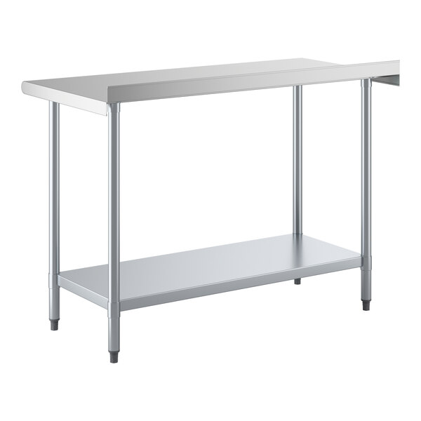 A stainless steel work table with an undershelf and a 2-inch backsplash.