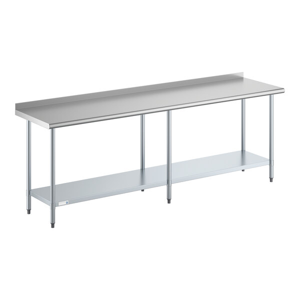 A long stainless steel work table with an undershelf and a 2-inch backsplash.