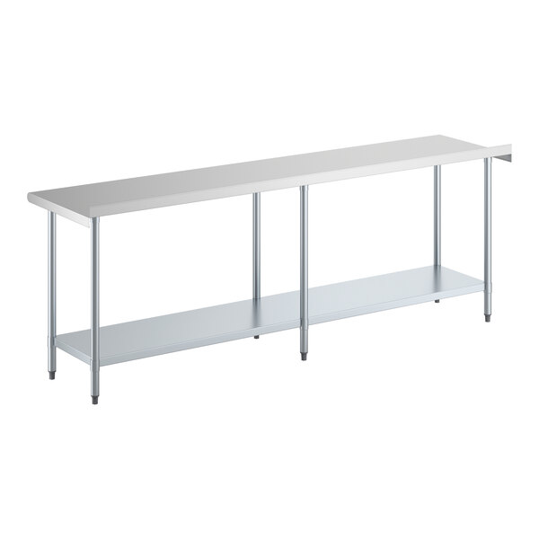 A long stainless steel work table with an undershelf and a 2-inch backsplash.