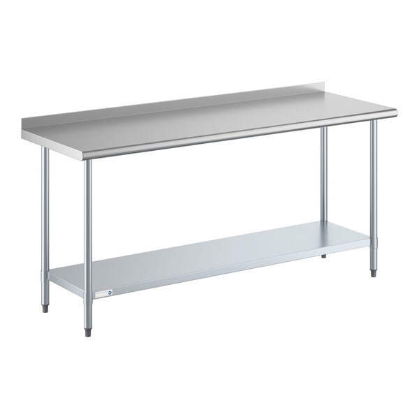 A stainless steel work table with an undershelf and a 2-inch backsplash.