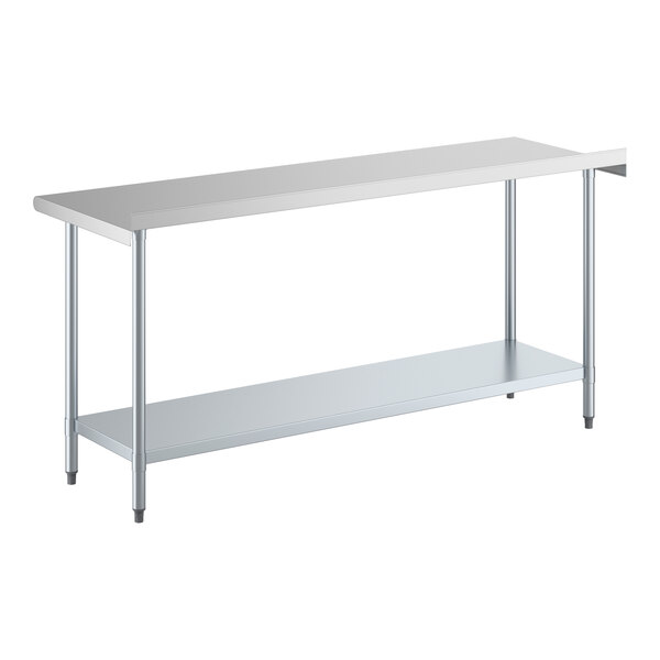A stainless steel work table with an undershelf and a 2-inch backsplash.