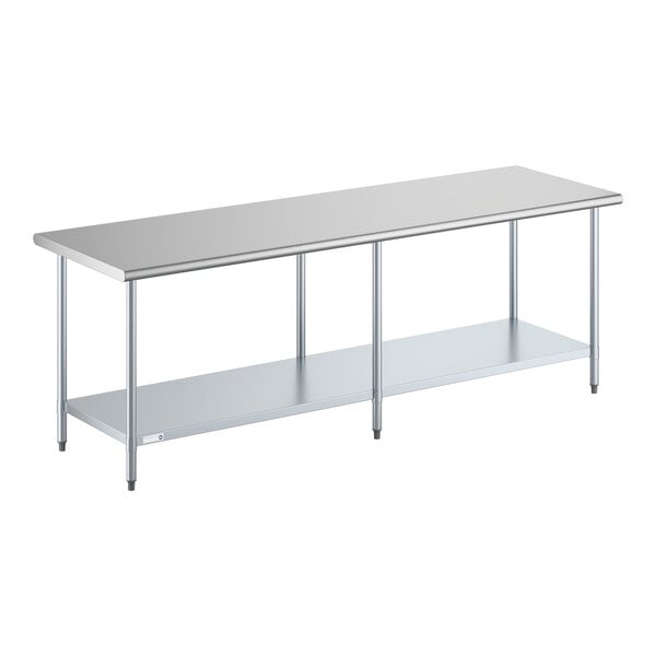 A stainless steel work table with an undershelf, measuring 30 inches by 96 inches.