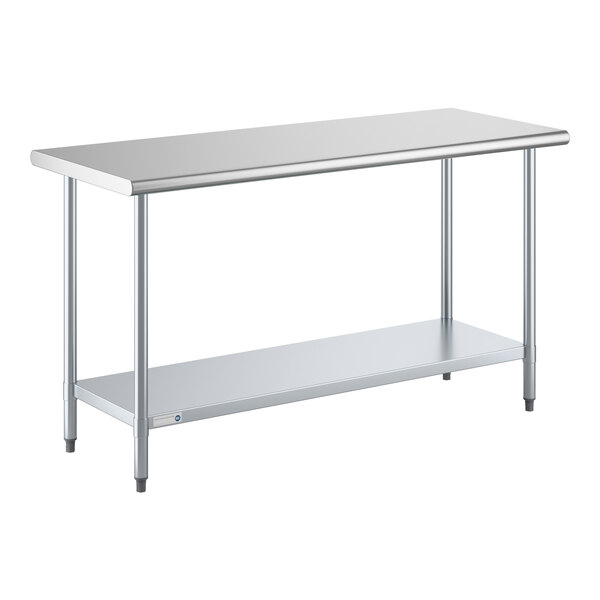 A stainless steel work table with an undershelf.