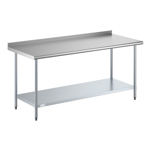 A stainless steel work table with an undershelf and a 2-inch backsplash.