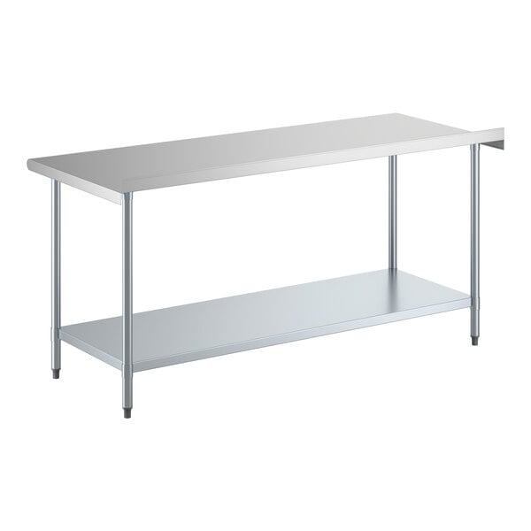 A stainless steel work table with an undershelf and a 2-inch backsplash.