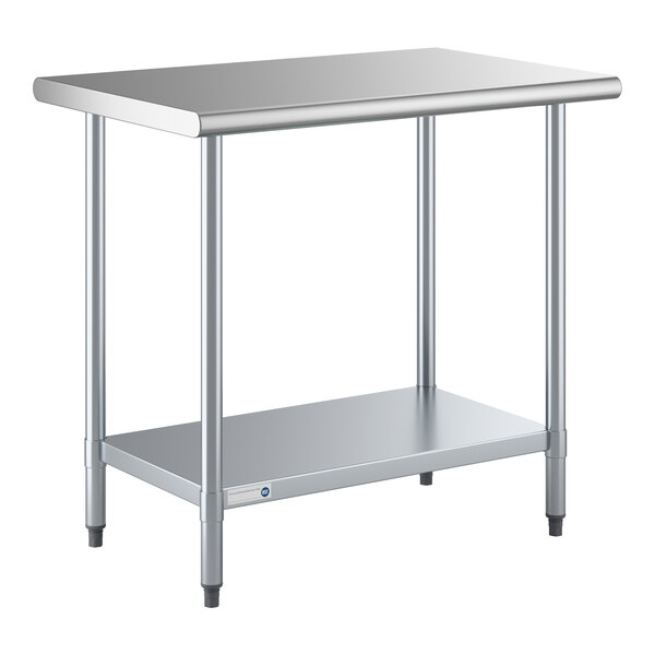 A stainless steel work table with an undershelf and four legs.