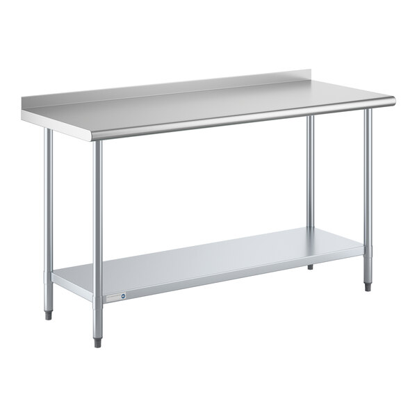 A stainless steel work table with an undershelf and a 2-inch backsplash.