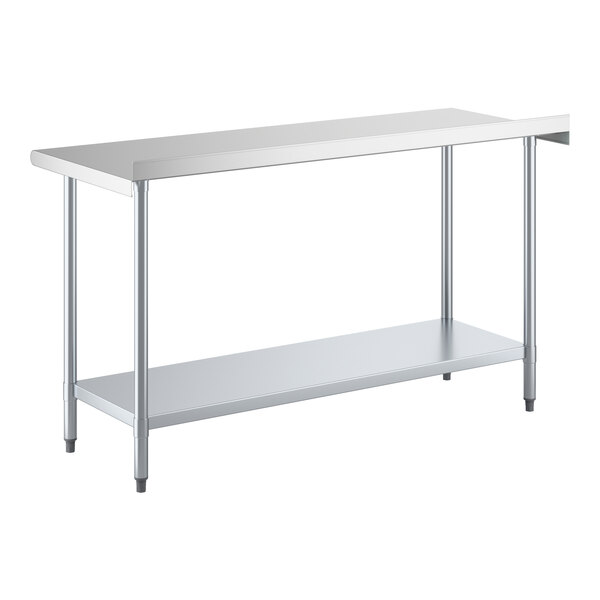 A stainless steel work table with an undershelf and a 2-inch backsplash.
