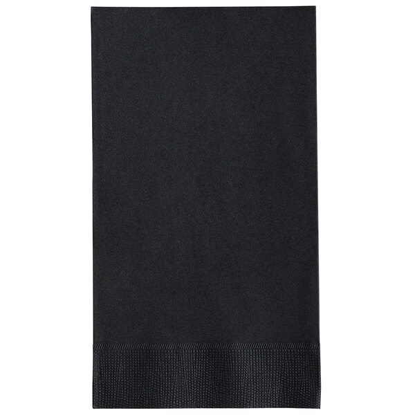 A black 2-ply paper dinner napkin with a 1/8 fold.