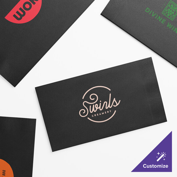 A customizable black 2-ply paper dinner napkin with printed logos and designs.