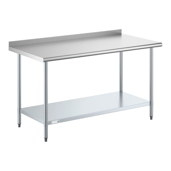 A stainless steel work table with an undershelf and a 2-inch backsplash.