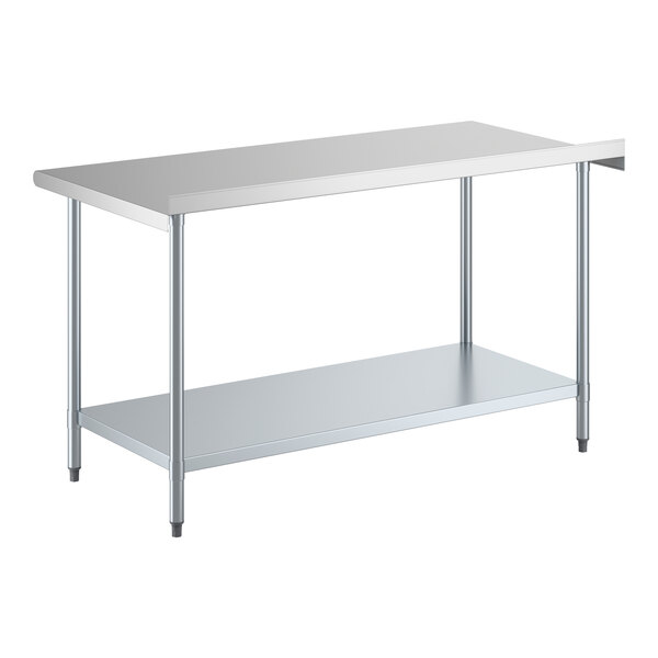 A stainless steel work table with an undershelf and a 2-inch backsplash.