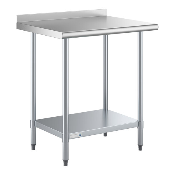 A stainless steel work table with an undershelf and a 2-inch backsplash.