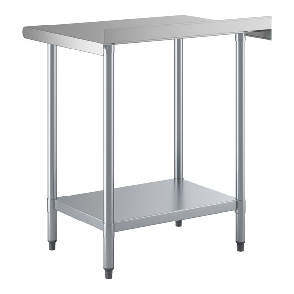 A stainless steel work table with an undershelf and a 2-inch backsplash.