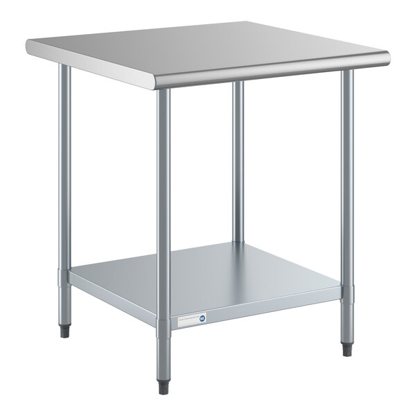 A stainless steel work table with an undershelf and four legs.