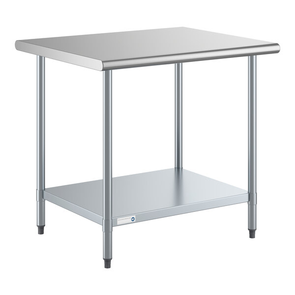 A stainless steel work table with an undershelf and four legs.