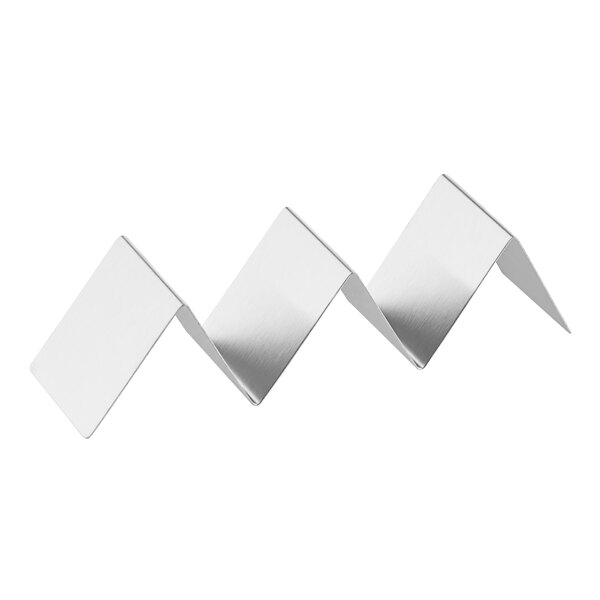 A stainless steel taco holder with a zigzag design that can hold two or three tacos.