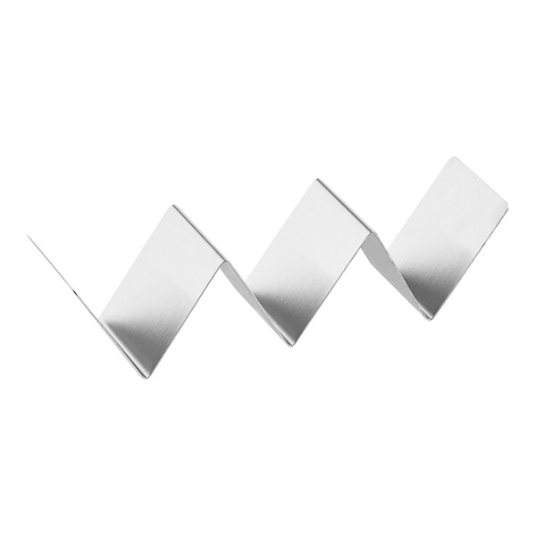 A stainless steel taco holder with a zigzag design that can hold two or three tacos.