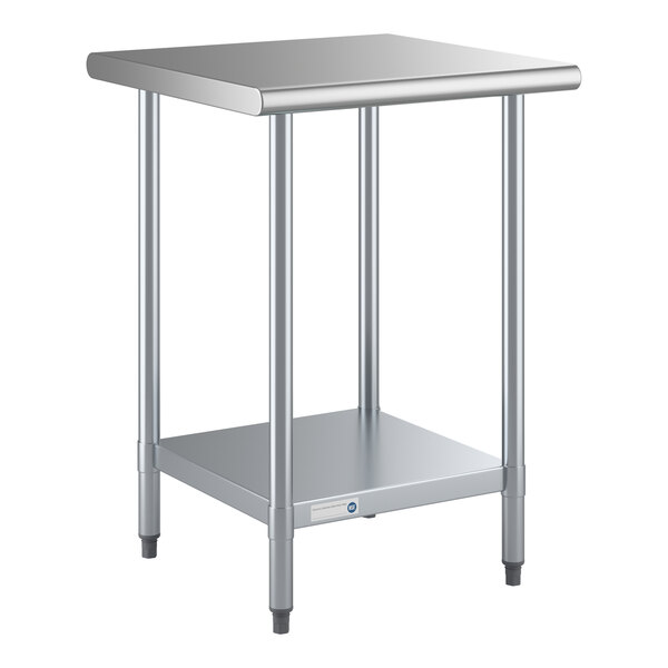 A stainless steel work table with an undershelf and four legs.