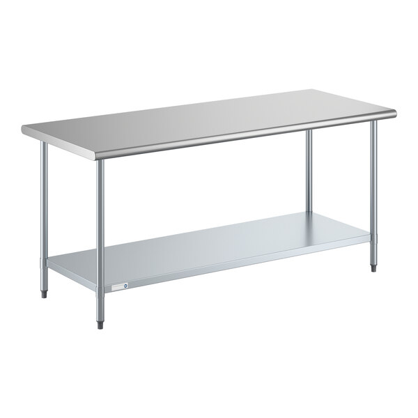 A stainless steel work table with an undershelf and four legs.