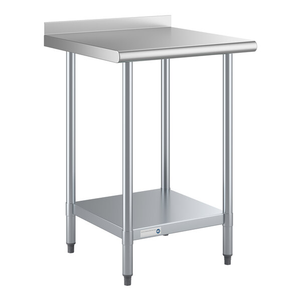 A stainless steel work table with an undershelf and a 2-inch backsplash.
