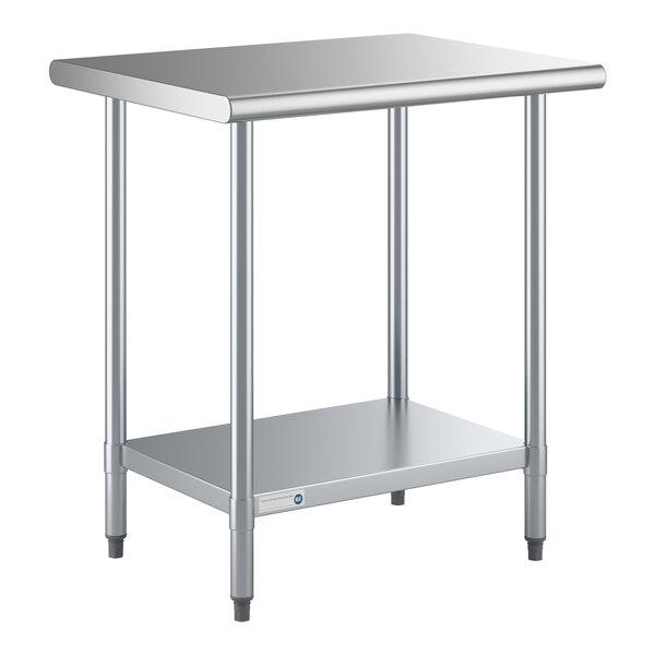 A stainless steel work table with an undershelf and four legs.
