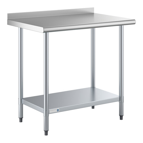 A stainless steel work table with an undershelf and a 2-inch backsplash.