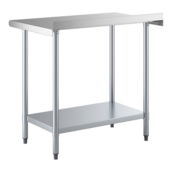 A stainless steel work table with an undershelf and a 2-inch backsplash.