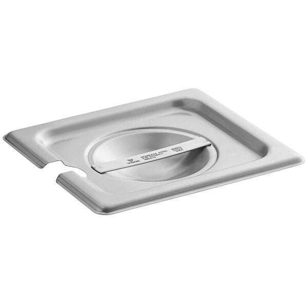 A stainless steel slotted steam table or hotel pan cover designed for a 1/6 size pan.