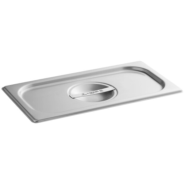 A rectangular solid stainless steel steam table or hotel pan cover with a central handle.