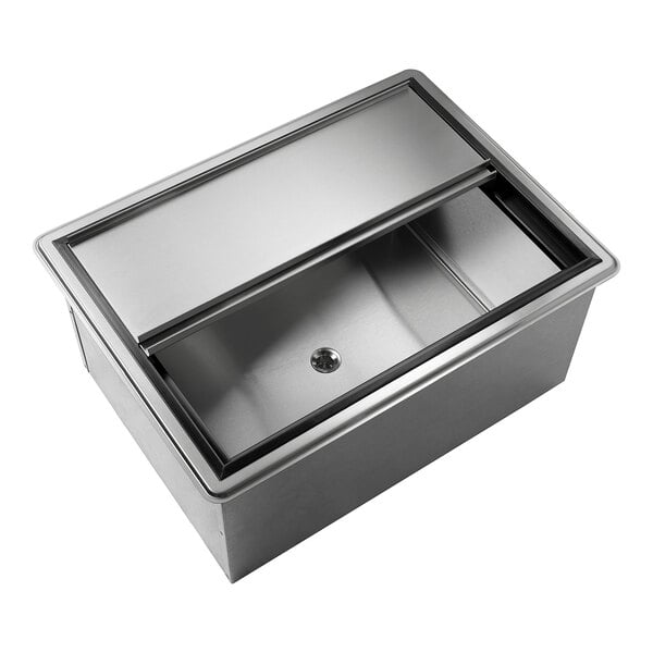 A stainless steel drop-in ice bin with a sliding lid and built-in cold plate.