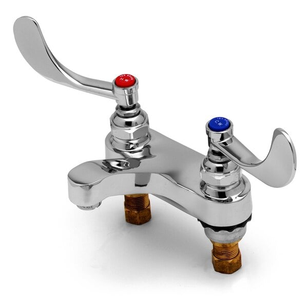 A T&S chrome deck mount medical faucet with red and blue wrist action handles.