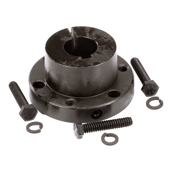 A metal QD style bushing with a 5/8 inch keyway, accompanied by three bolts and washers.