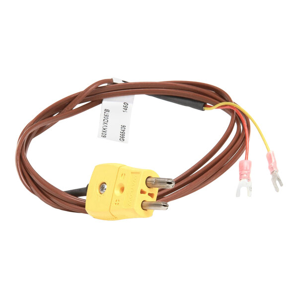 A brown temperature probe cable with a yellow male plug and two forked connectors at the ends.