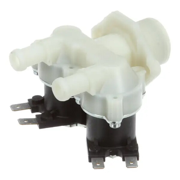 A two-way solenoid valve with two inlet/outlet ports and electrical connectors, typically used for controlling fluid flow.