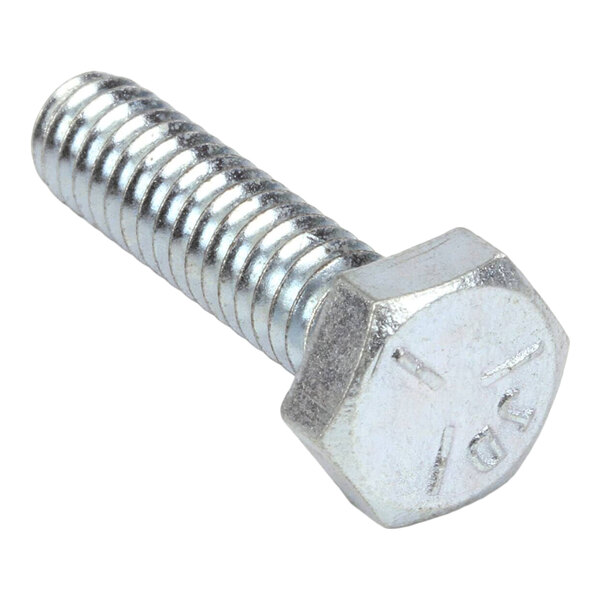 A metal hex cap screw with a threaded shaft.