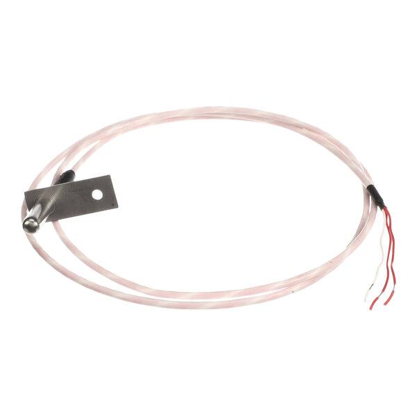 A temperature probe with a metal mounting bracket and attached wires for VGG temperature control.